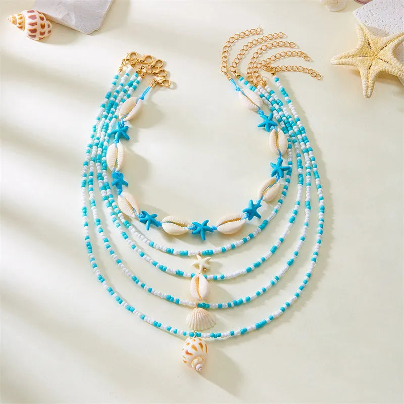 Women's blue and multi-colour starfish shell necklace 5-piece set with adjustable chain