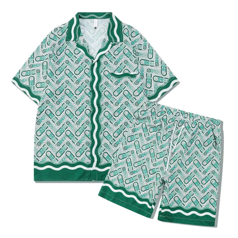 Plaid pattern beach outfit with short sleeve shirt and matching trousers in polyester fabric