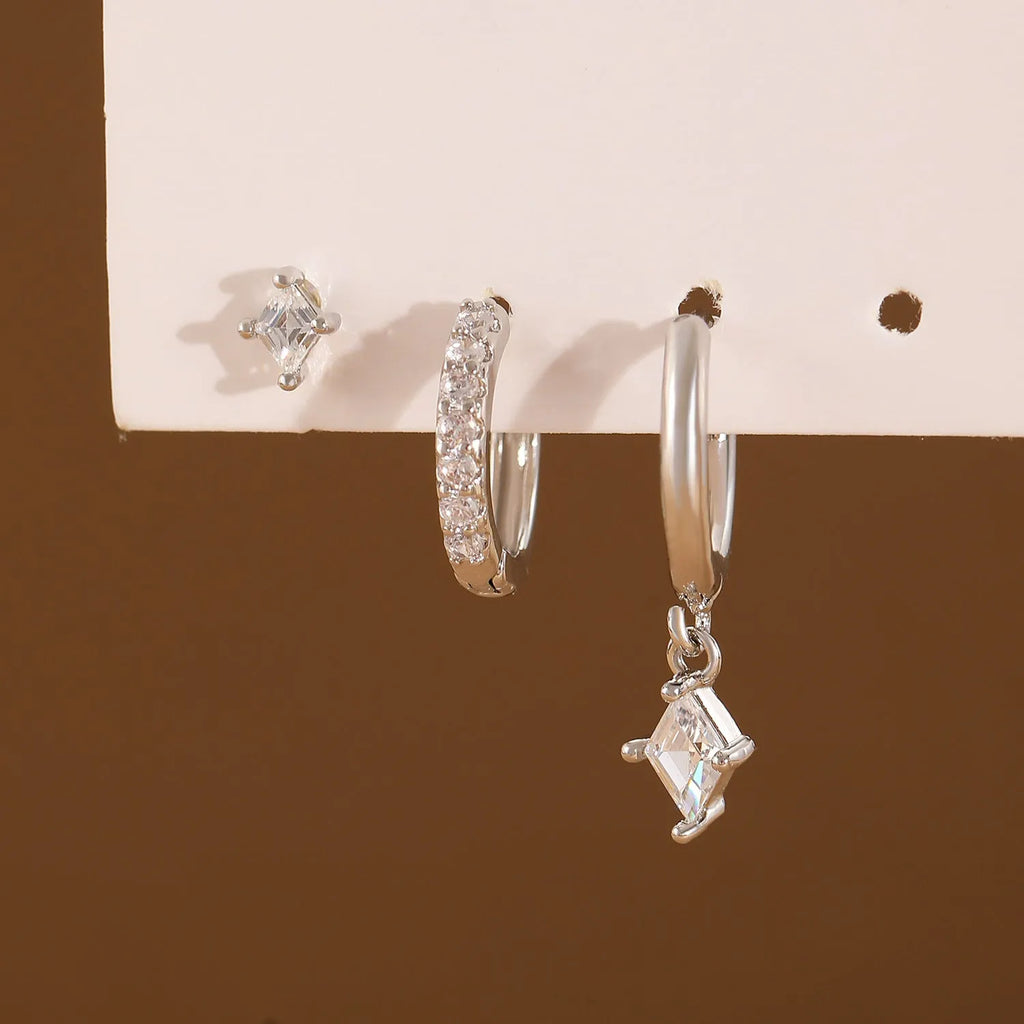 Copper ladies earring set with zircon inlay geometric diamond design in gold and silver colours
