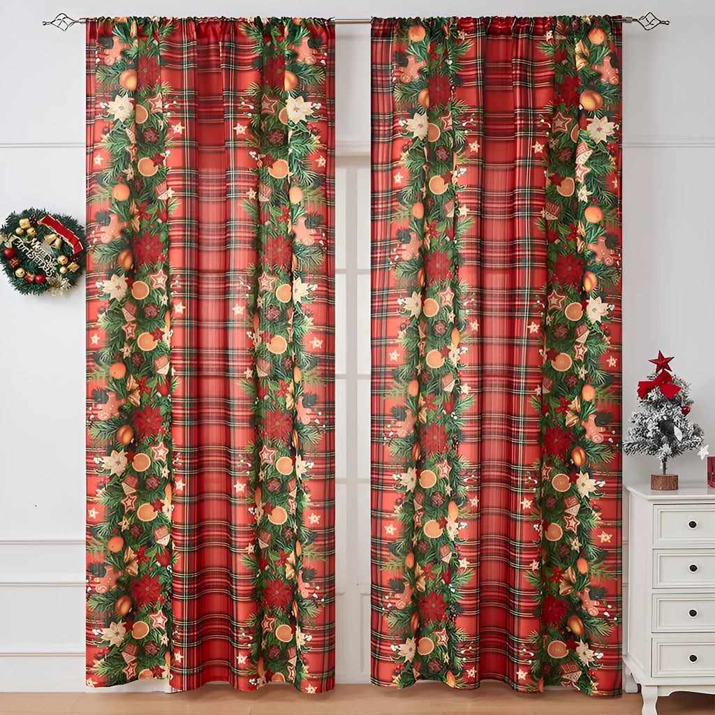 Rectangular printed polyester curtain with Christmas pattern offering semi-sunshade.