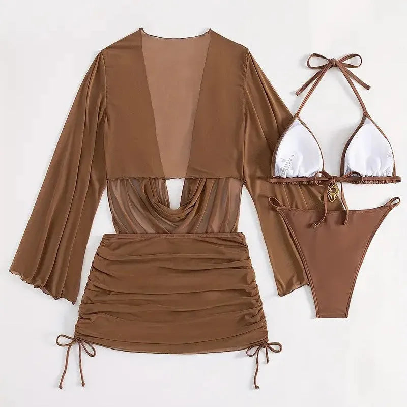 Women's dark brown backless bikini suit with lace-up detail and tight solid color design
