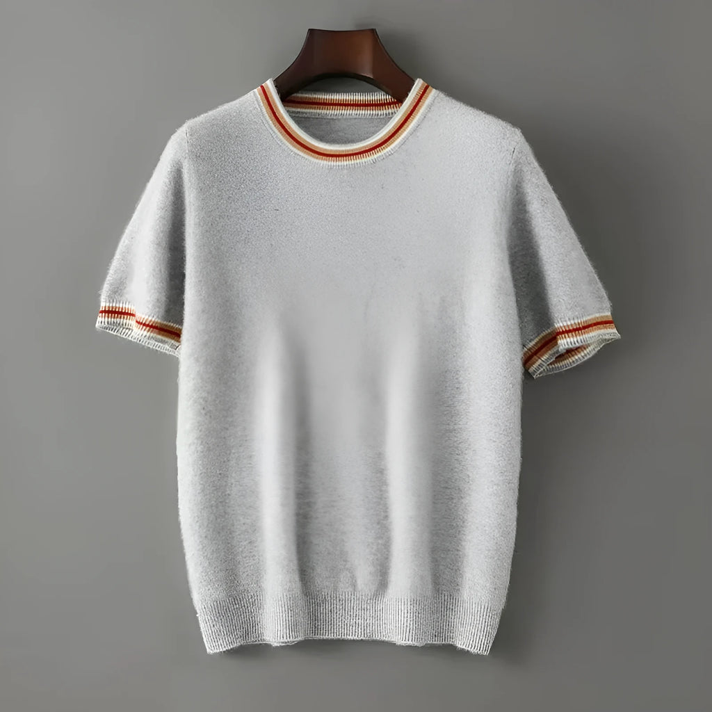 Men's grey round neck short sleeve wool pullover sweater laid flat.