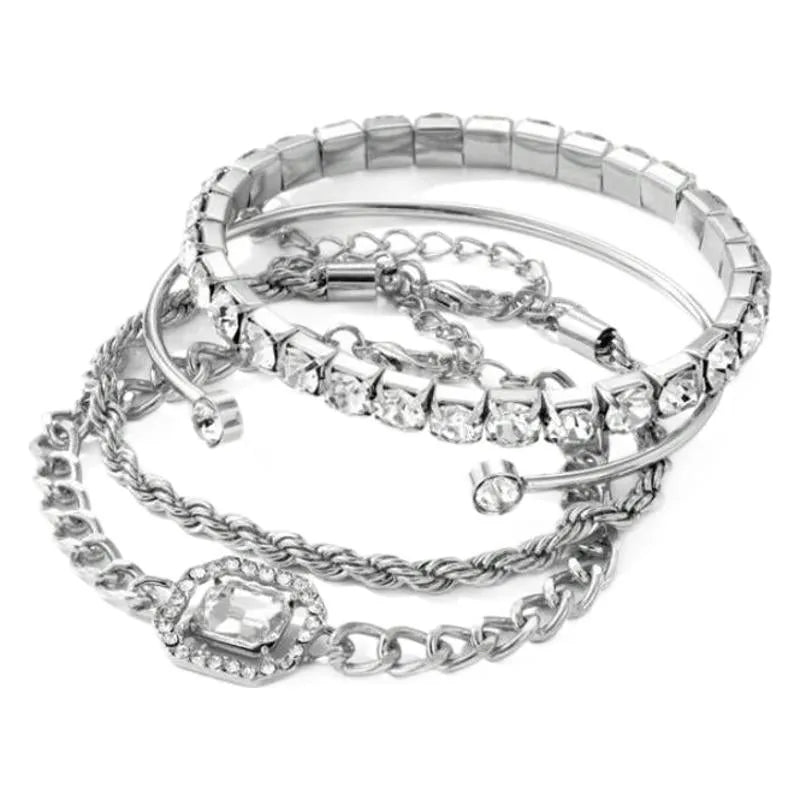 Geometric retro alloy jewellery four-piece set in gold or silver colour with square diamond designs
