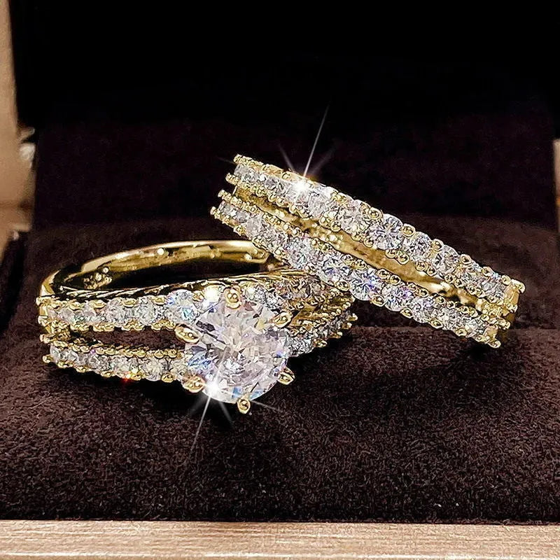 2 in 1 fully jewelled female ring set in geometric shape with diamond treatment, available in silver, gold, or rose gold.