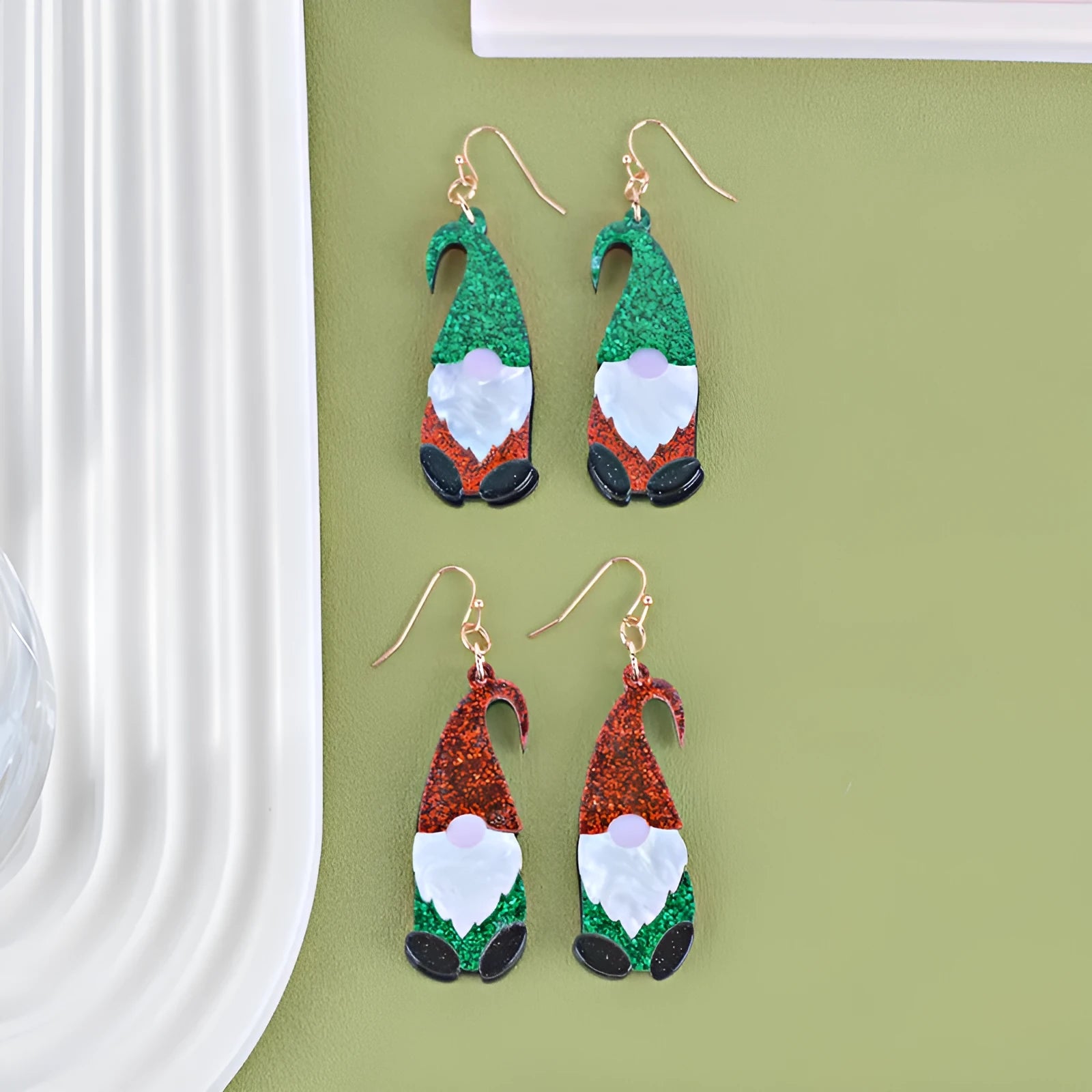 Cartoon Santa Claus acrylic earrings in red, green, or mixed colour hat designs