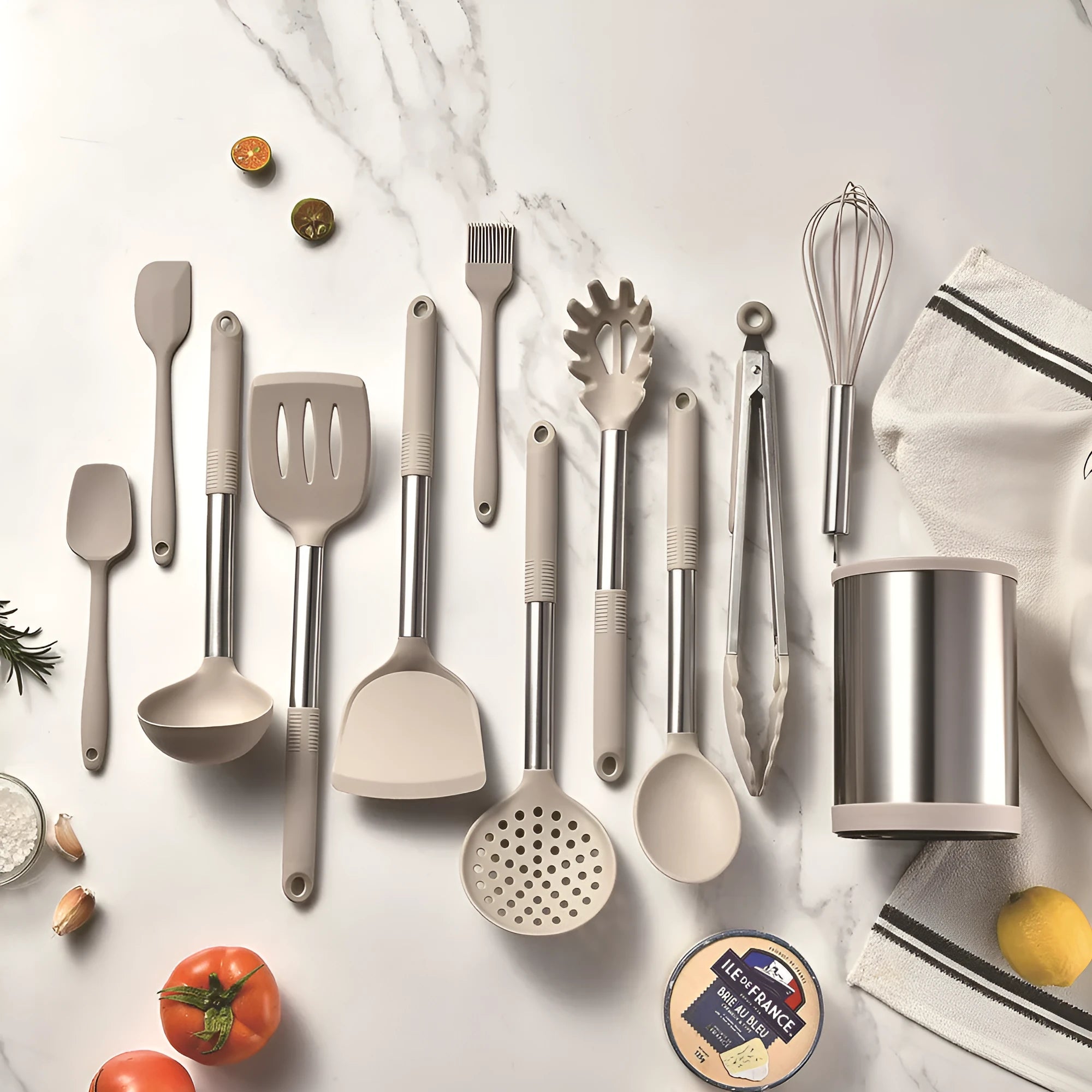 12-piece silicone kitchen utensil set with storage bucket in black, including ladle, spatula, claw tools and egg beater