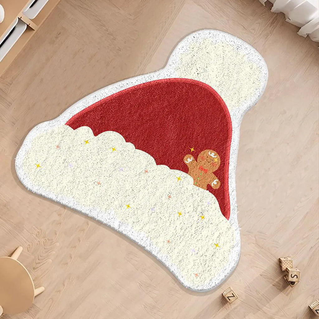 Round Christmas carpet with imitation cashmere fabric showing festive prints of gingerbread man and Christmas stockings
