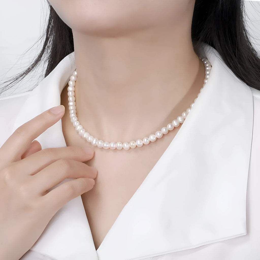 Women's adjustable freshwater pearl necklace with 6-7mm pearls on sterling silver chain