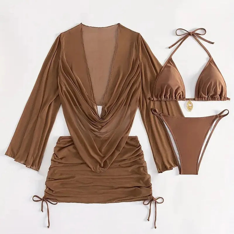 Women's dark brown backless bikini suit with lace-up detail and tight solid color design