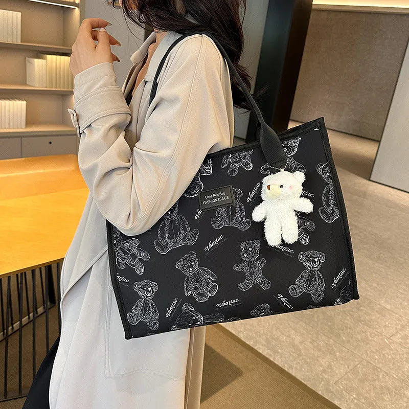 Women's printed canvas tote bag with sandwich pocket and horizontal square shape