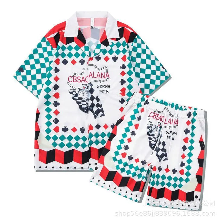 Plaid pattern beach outfit with short sleeve shirt and matching trousers in polyester fabric