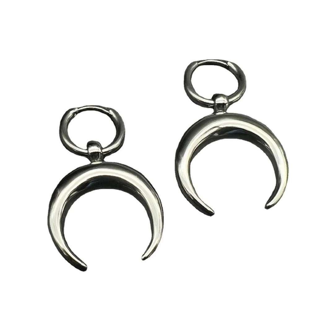 Silver big hoop earrings with vintage gothic moon design and geometric punk style