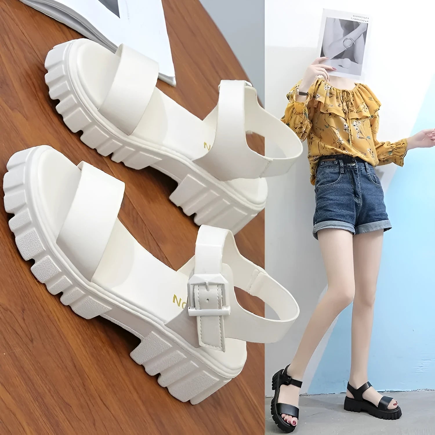 Beige women's peep toe platform sandals with an ankle-strap buckle and fish mouth toe design.