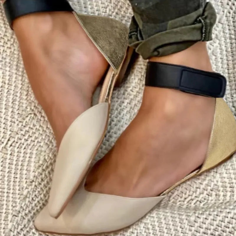 Women's flat heel sandals with velcro straps and hollowed design in beige PU leather