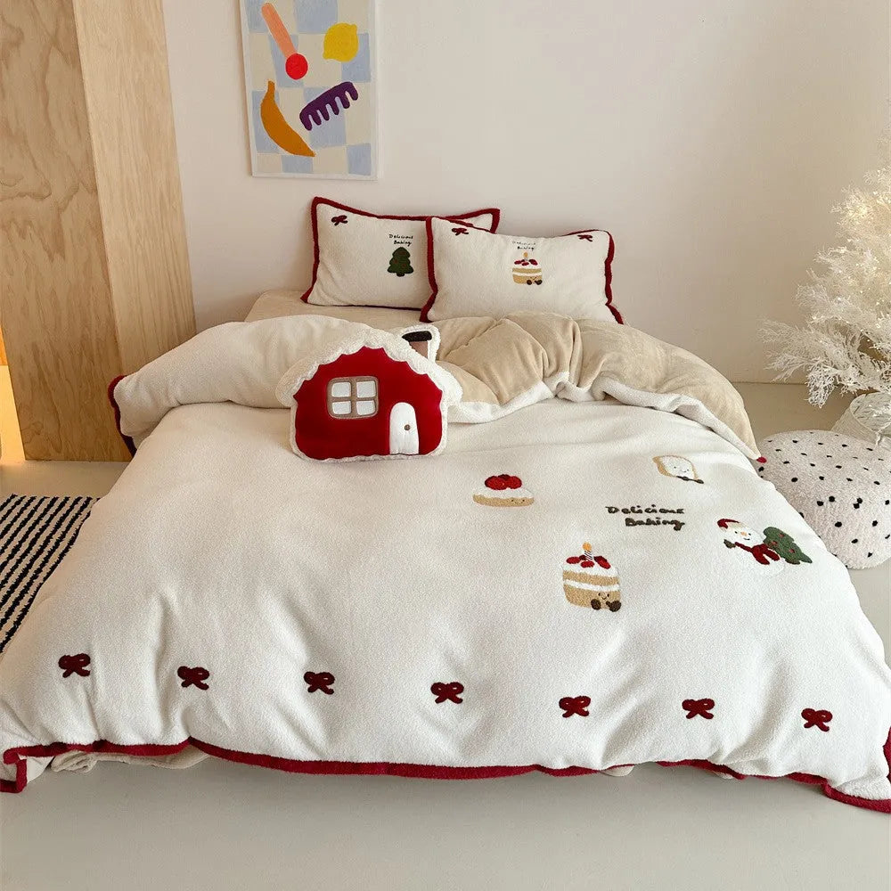Winter Christmas bedding four-piece set with Snowy Milk Pastry cartoon pattern for bed