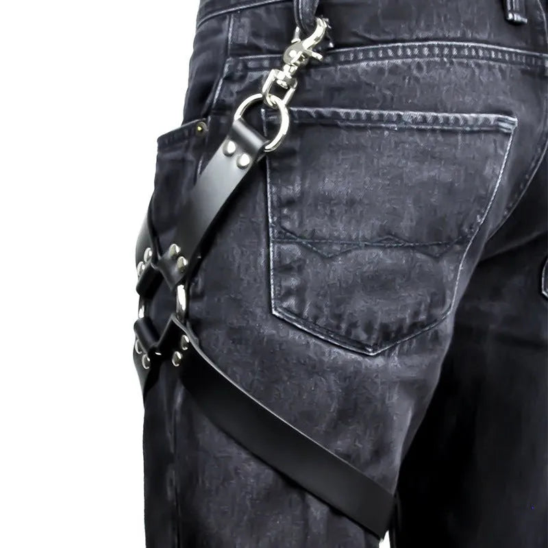 Black women's leggings with attached PU leather fashion accessories