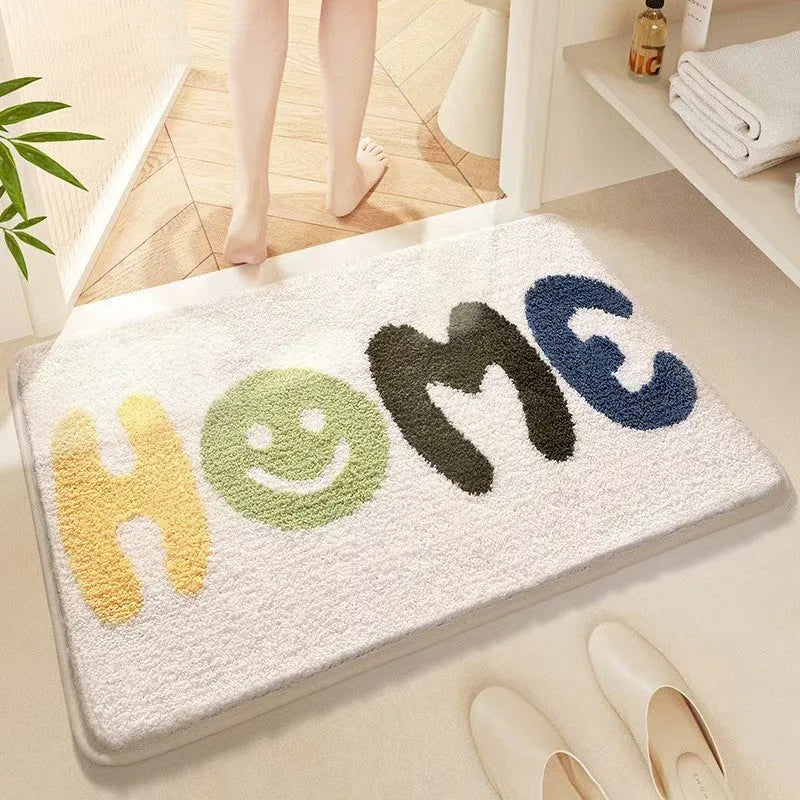 Imitation cashmere carpet floor mat with rainbow pattern and plastic bottom in sky sea colour