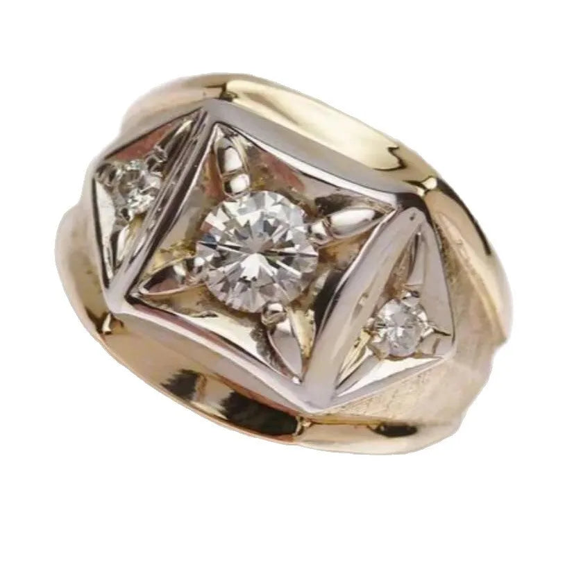 Gold-coloured geometric hollow copper couple rings showing chamfered square pattern detail