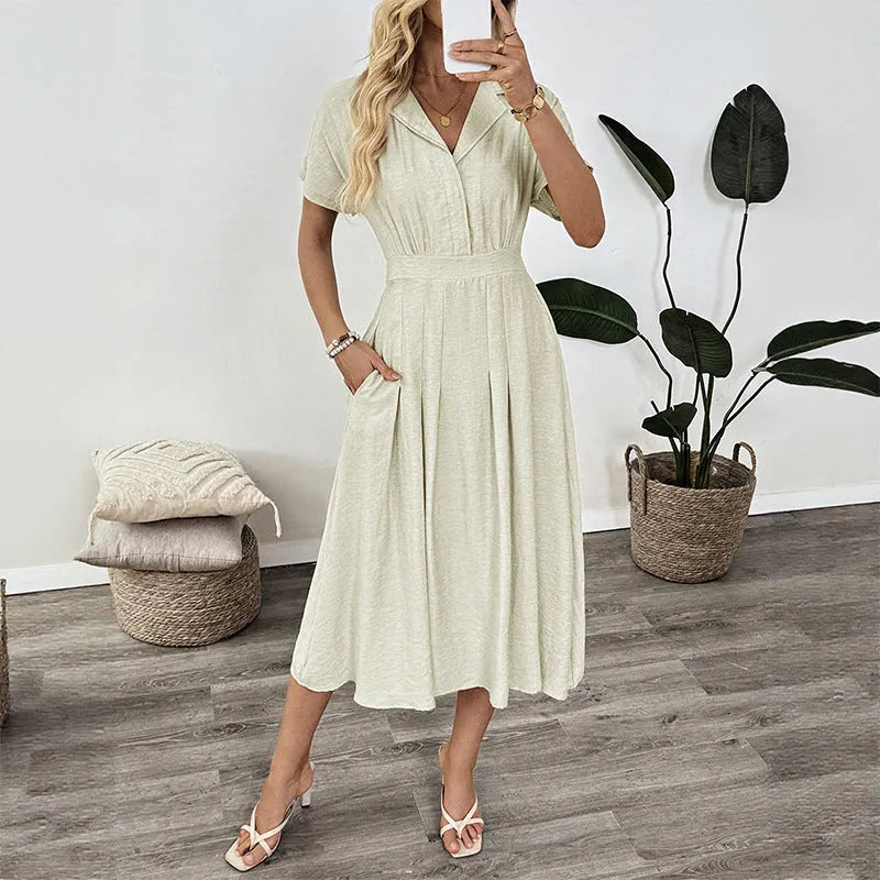 Light green women's twill shirt dress with lapel collar and waist-tight skirt design