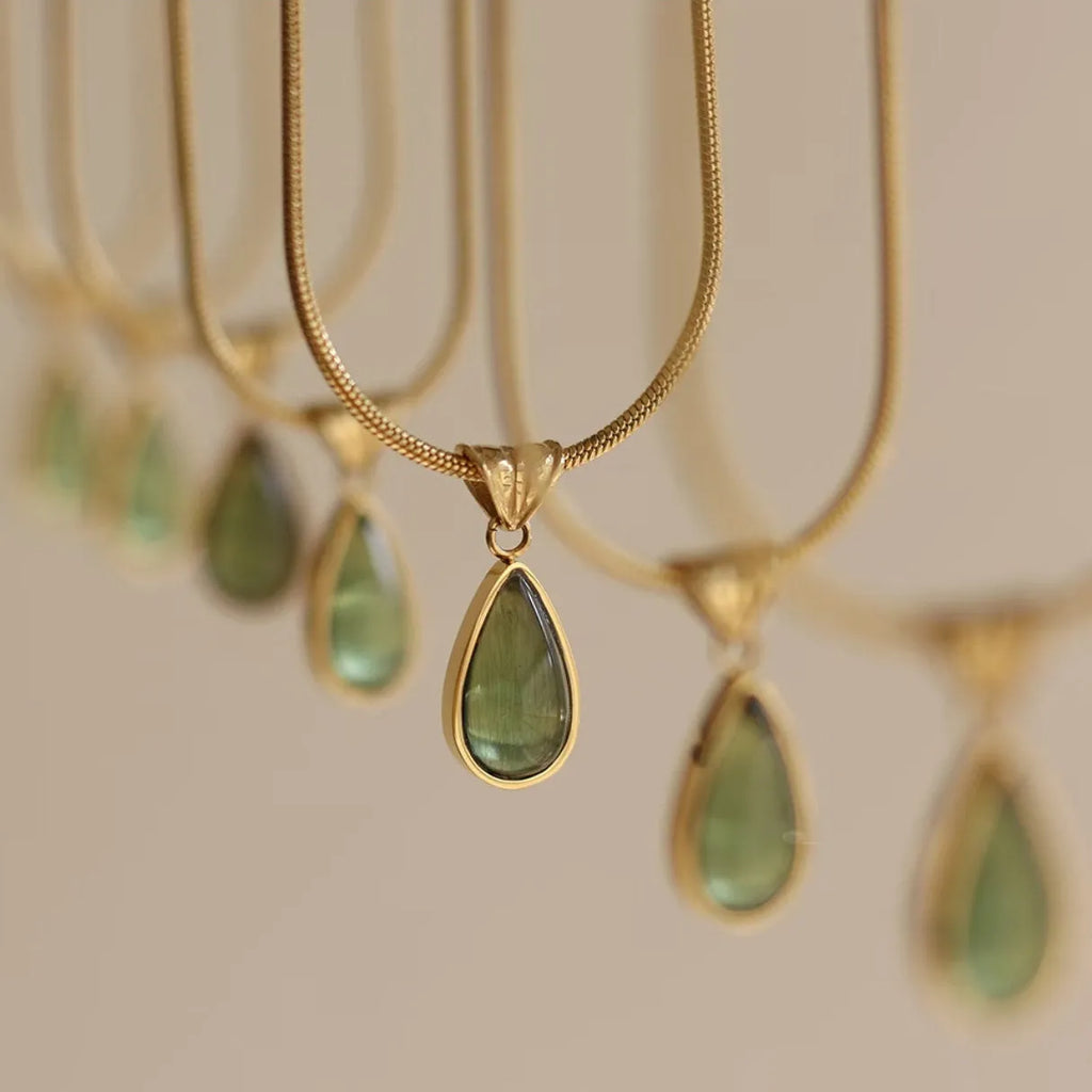 Retro blue and green water drop necklace with snake bones chain and mixed gem inlay