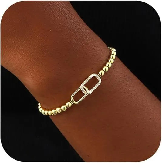Women's adjustable stainless steel beaded bracelet with round geometric elements in six colour style options