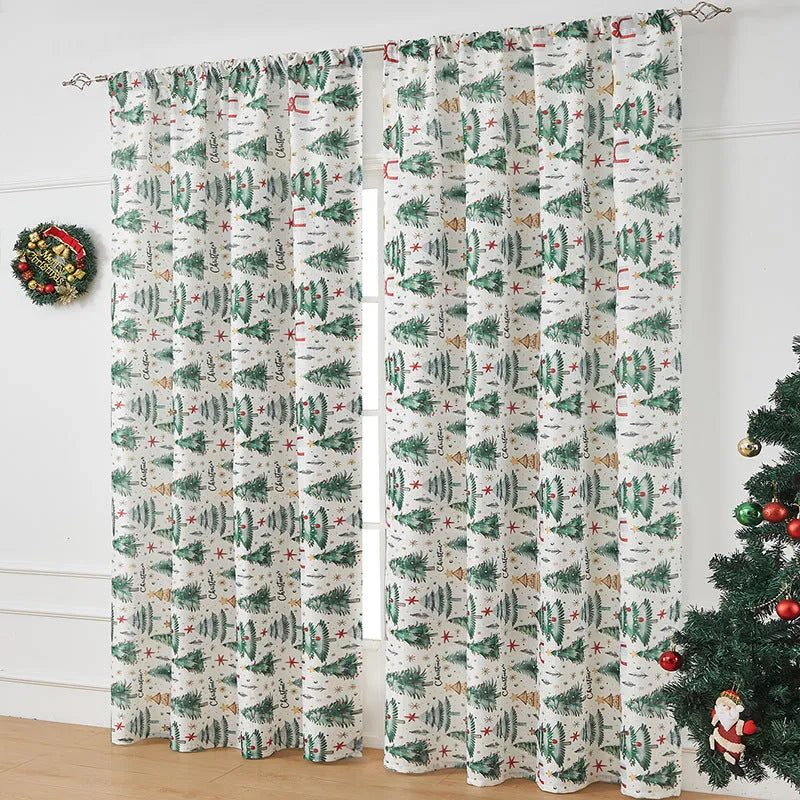 Rectangular printed polyester curtain with Christmas pattern offering semi-sunshade.
