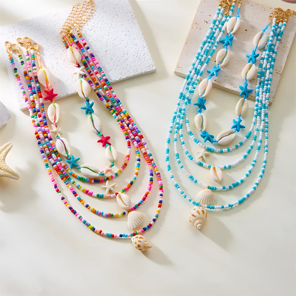 Women's blue and multi-colour starfish shell necklace 5-piece set with adjustable chain