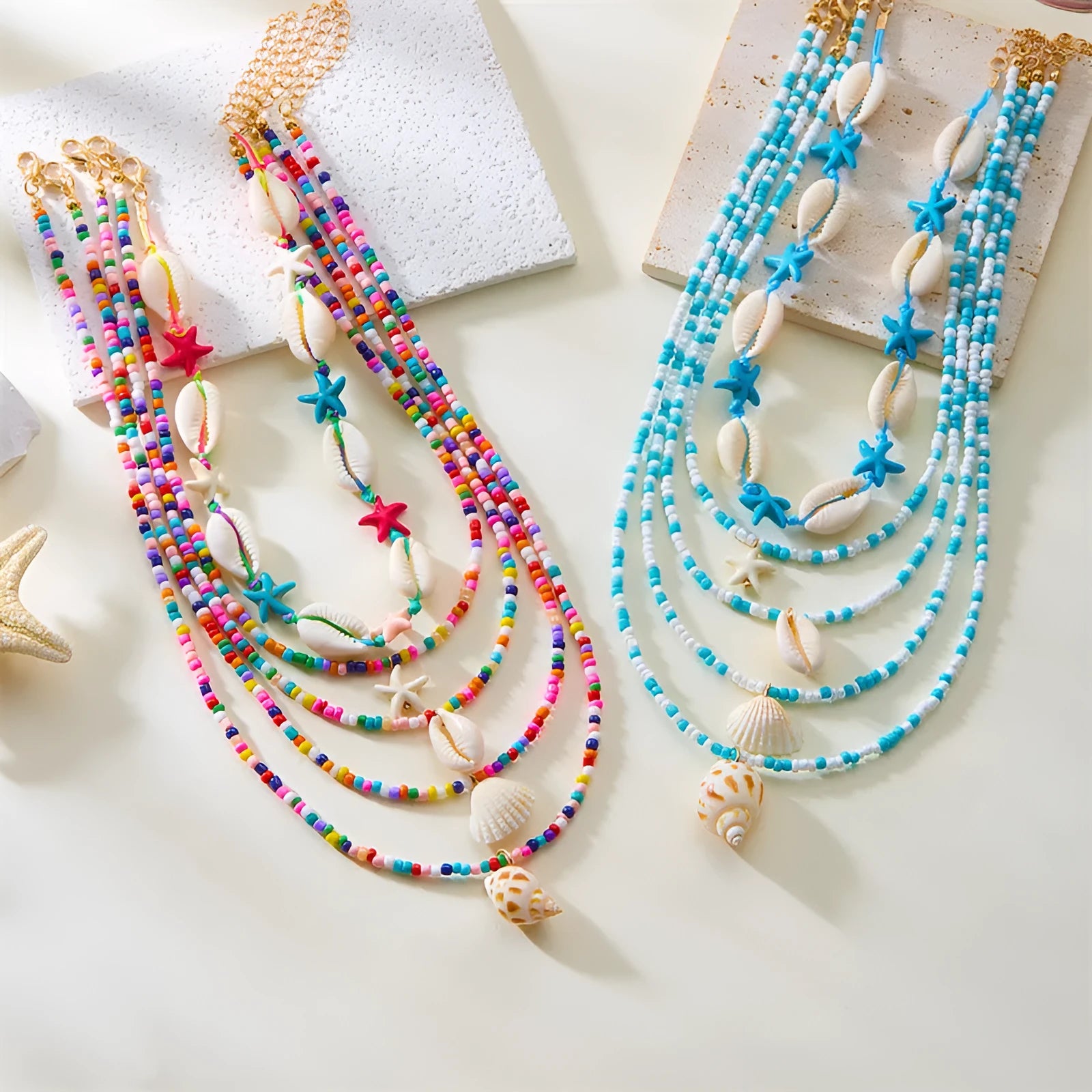Women's blue and multi-colour starfish shell necklace 5-piece set with adjustable chain