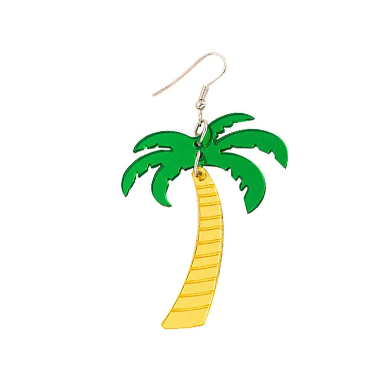 Close-up of acrylic drop earrings with a coconut artocarpus design on alloy hooks, showing one of five colour styles.
