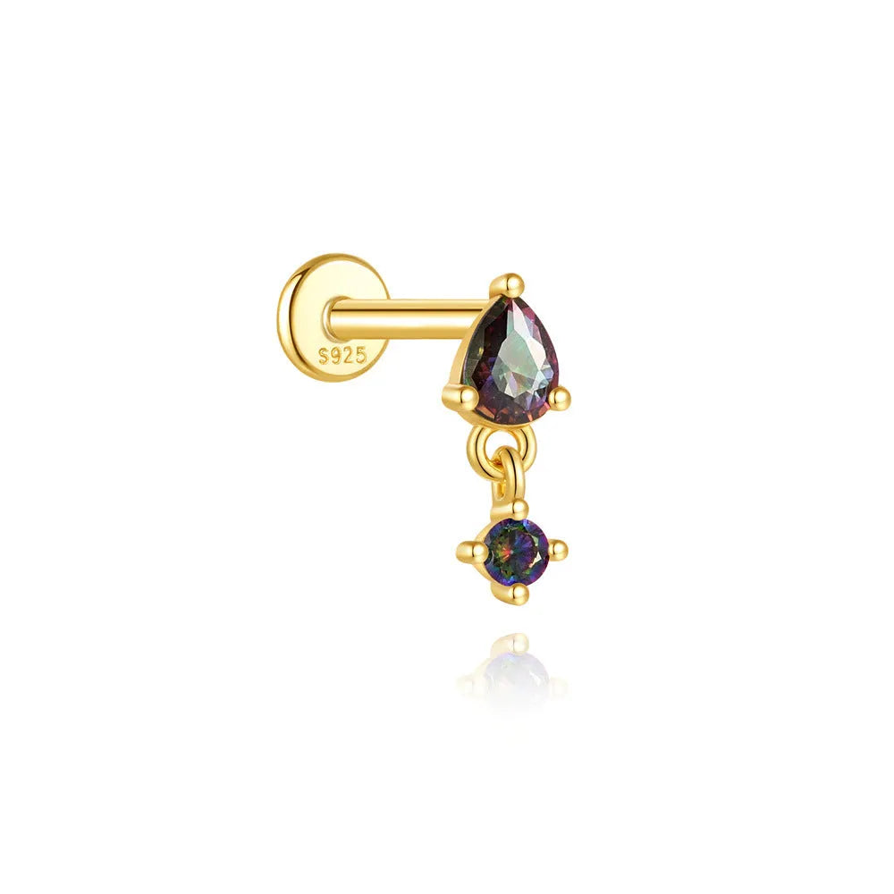 S925 sterling silver flat head thread earrings with geometric shape and super shiny rainbow stones