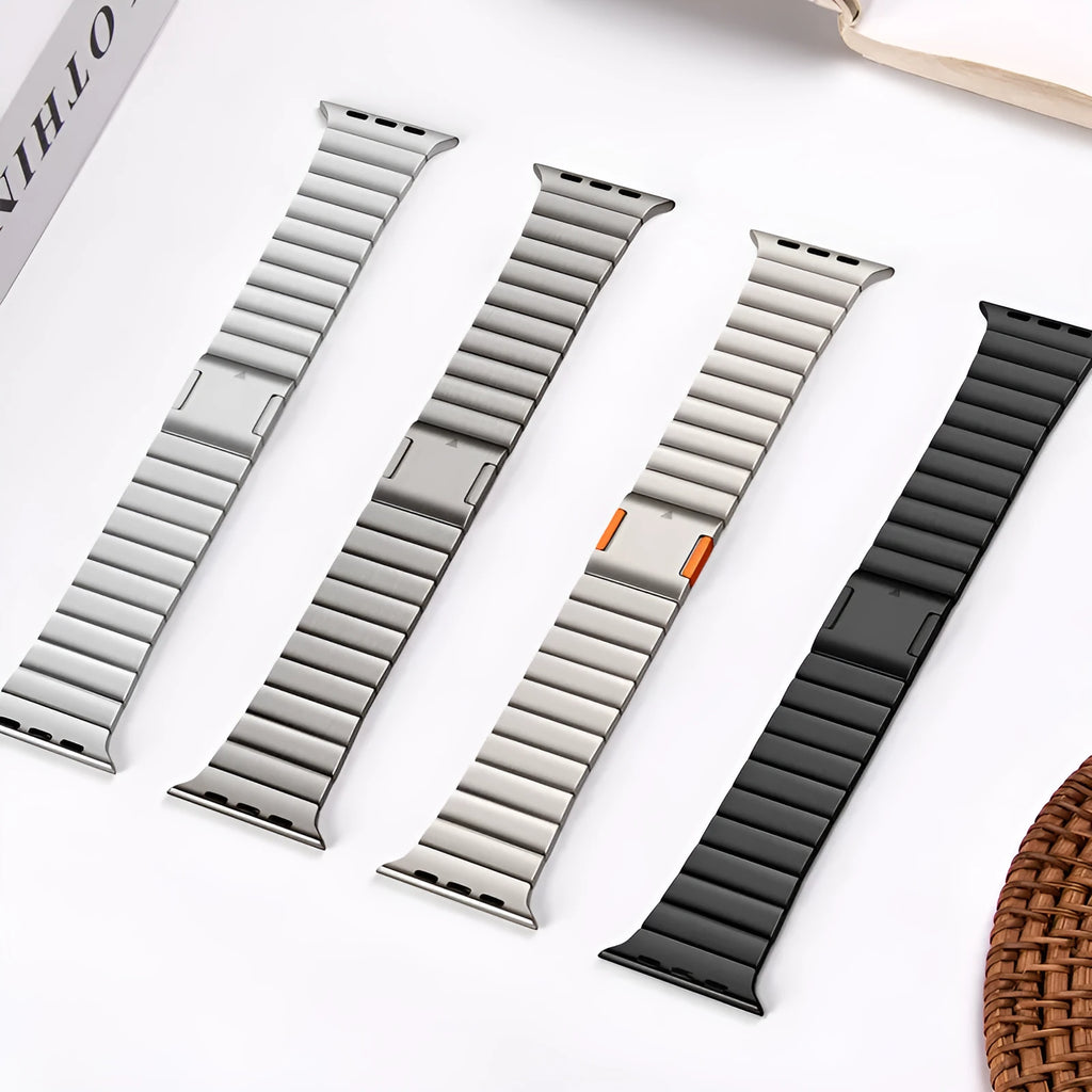 Stainless steel magnetic buckle watch strap for Apple Watch in silver colour.