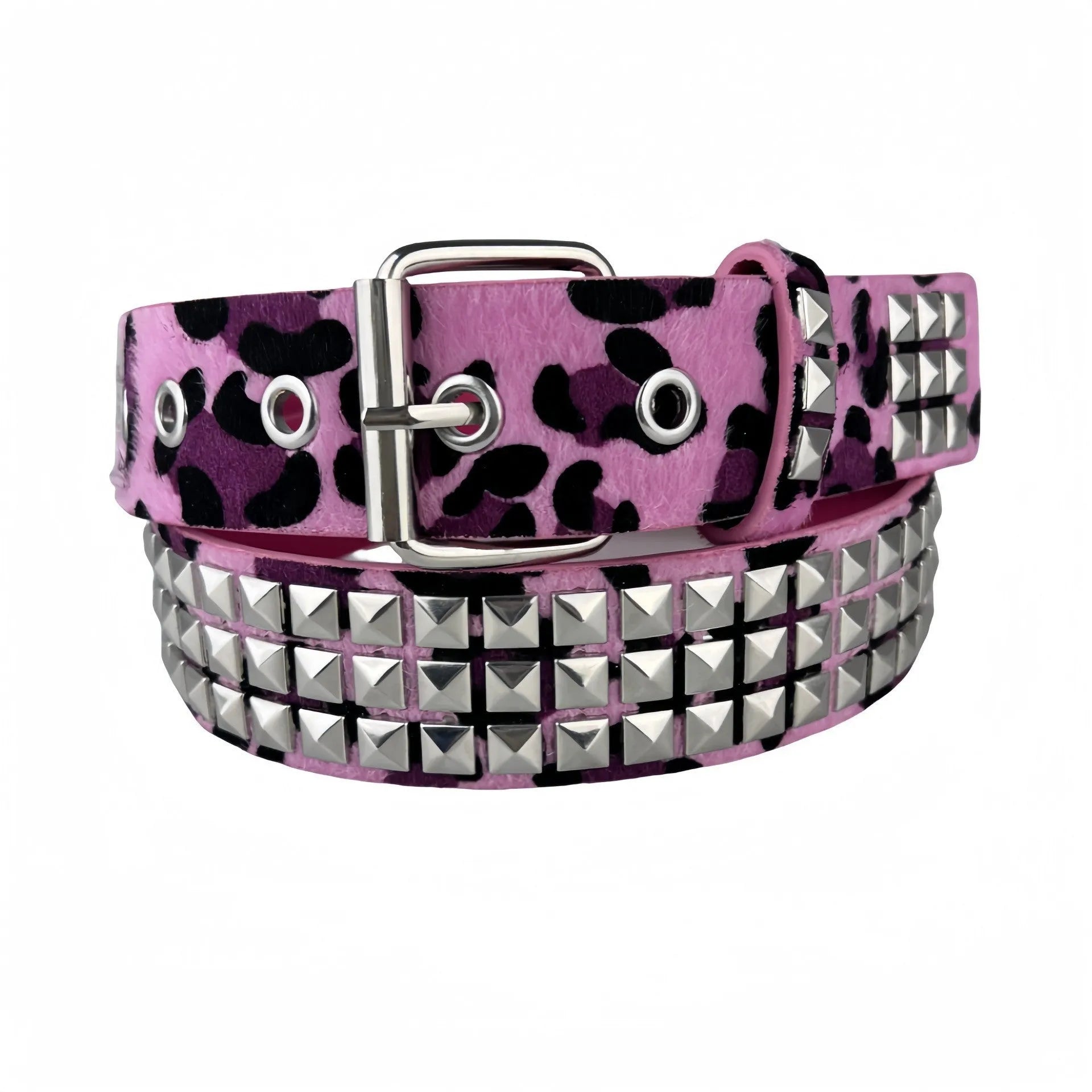 Women's punk fashion belt with metal rivets and pyramid studs in leopard print pattern, showing adjustable buckle