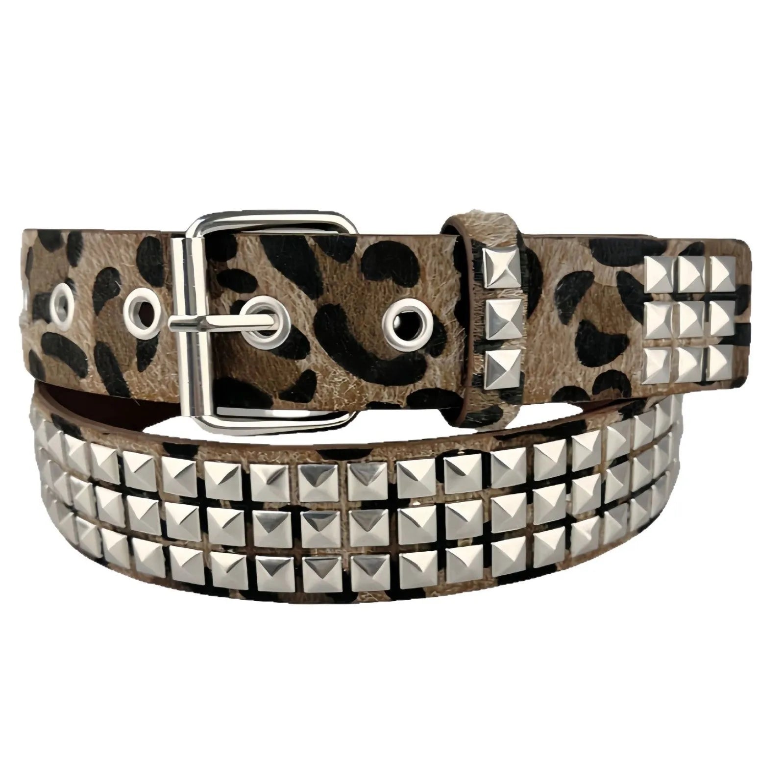 Women's punk fashion belt with metal rivets and pyramid studs in leopard print pattern, showing adjustable buckle