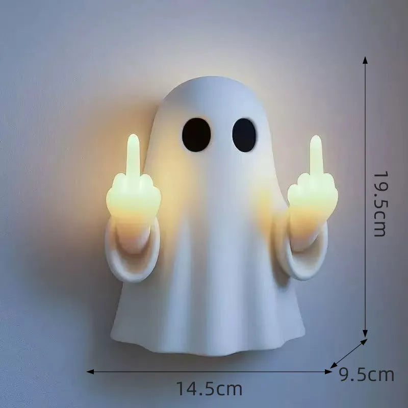 White cute ghost statue night lamp with LED light on, modern Halloween decoration