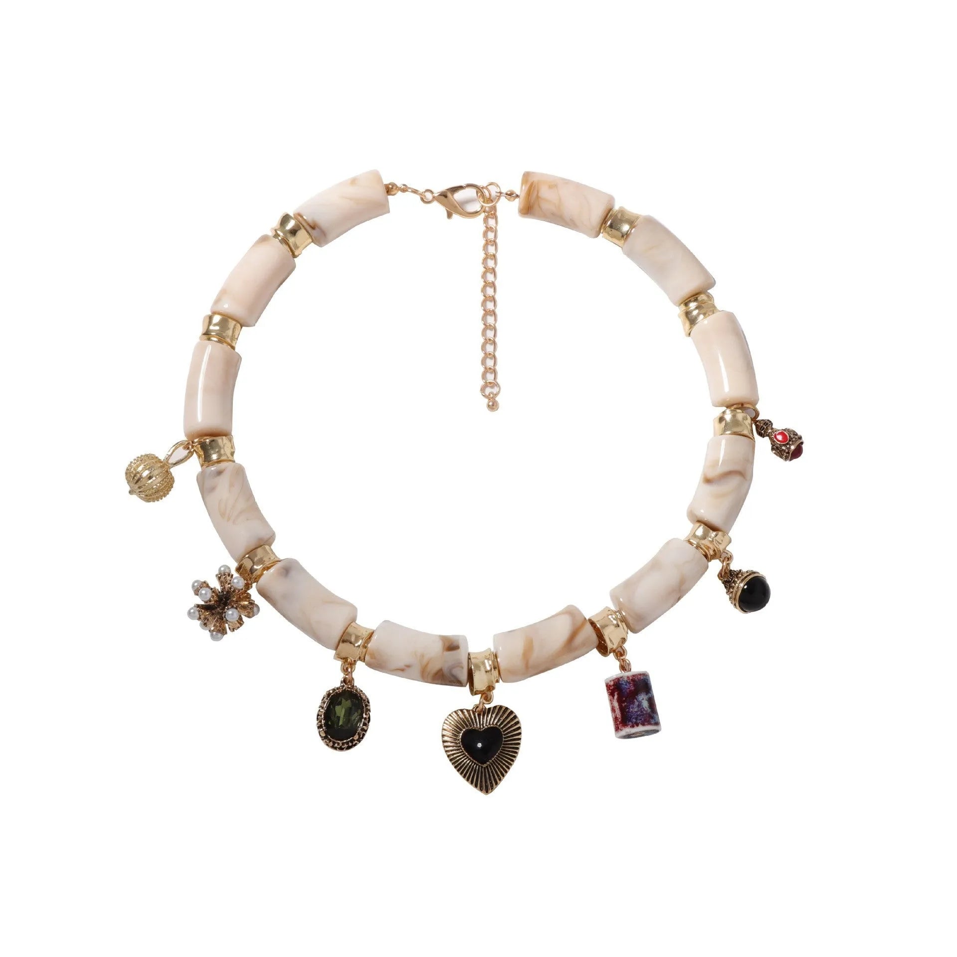 Heart-shaped resin bamboo necklace with electroplated finish on adjustable chain