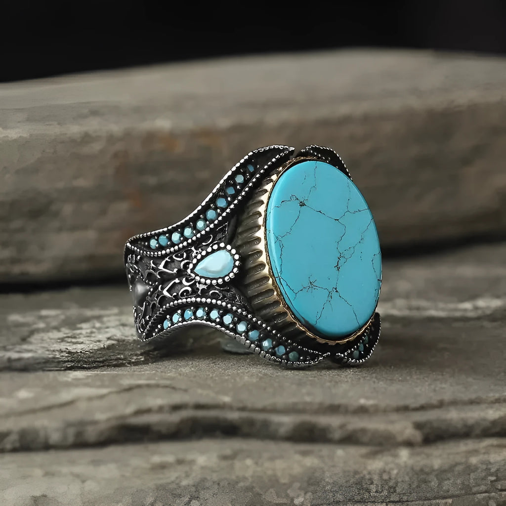 Men's round turquoise ring with antique silver alloy band available in sizes 6 to 13