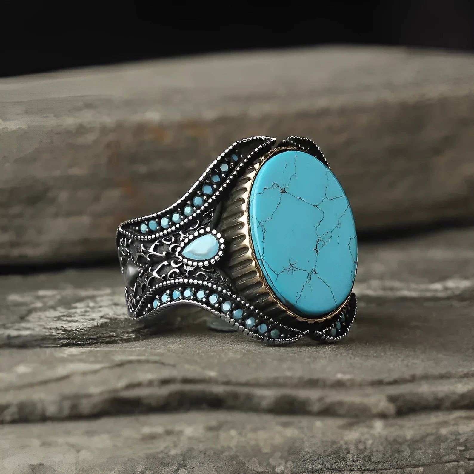 Men's round turquoise ring with antique silver alloy band available in sizes 6 to 13
