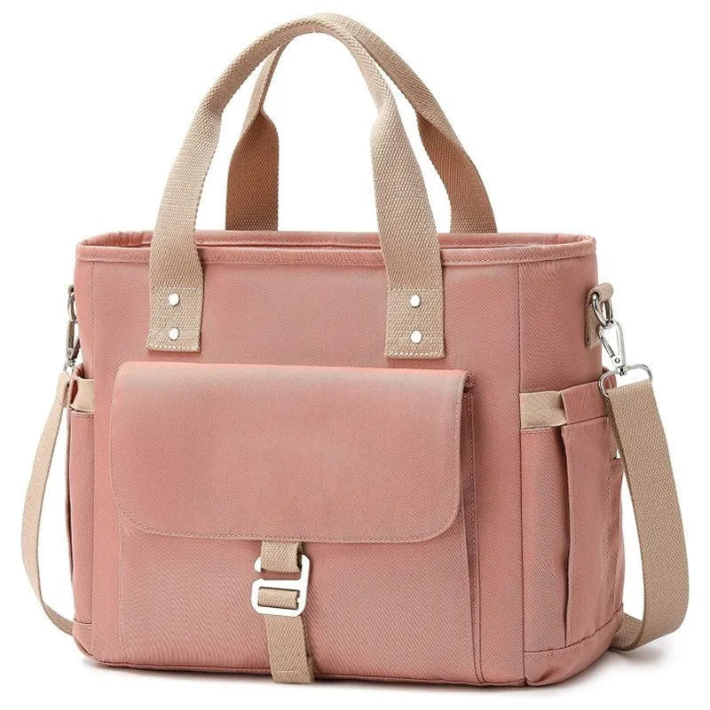 Pink insulated Oxford cloth hiking belt bag with removable shoulder strap and side pocket.
