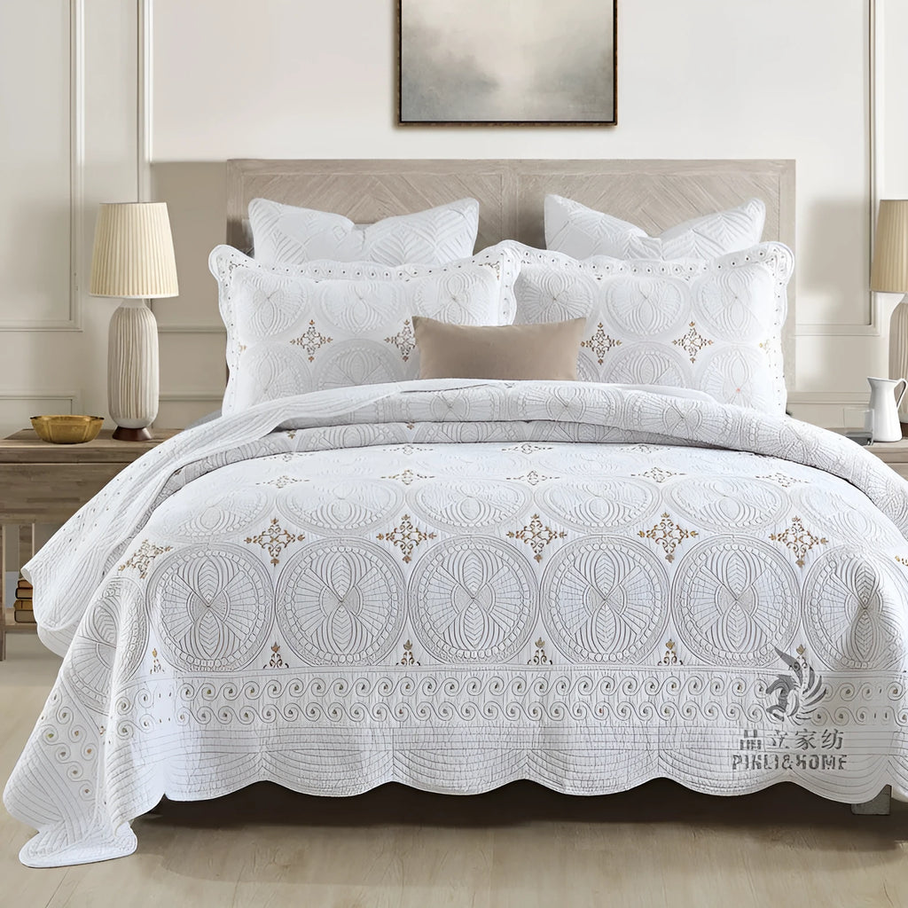 Pure cotton embroidered bed cover set with two pillowcases for 1.8 metre beds
