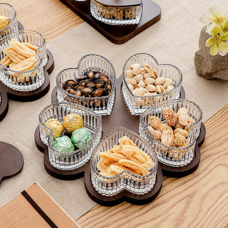 Glass snack serving platter with coloured glaze and heart-shaped transparent bowls in a 4-grid configuration.