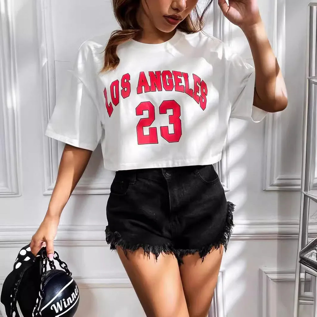 Women's black cotton T-shirt with white printed English letters and an exposed navel design.