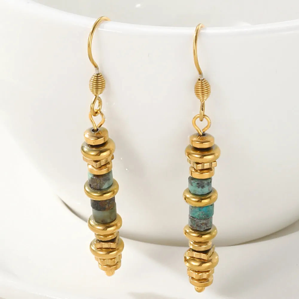 Geometric titanium steel dangle earrings with retro European American design and 18K purity