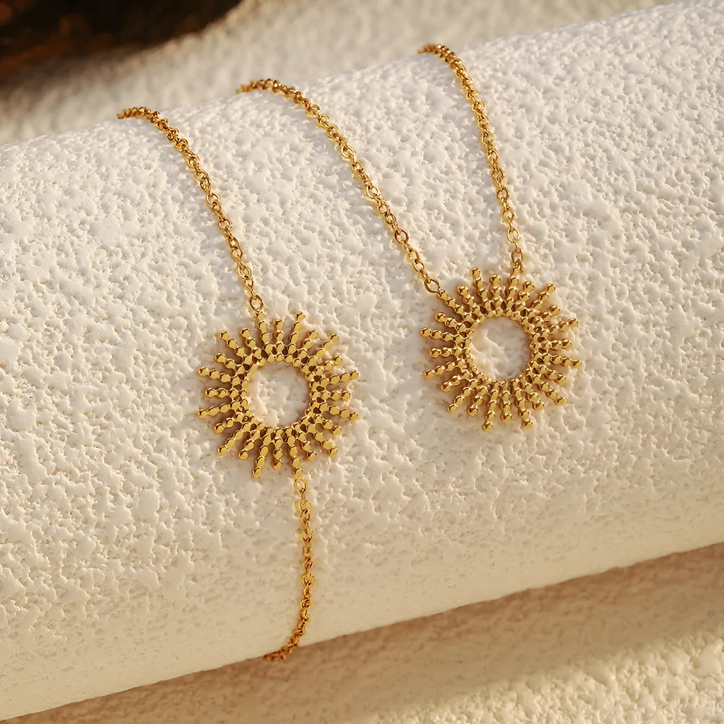 Sunflower series geometric chain bracelet and necklace set with 14K gold plating