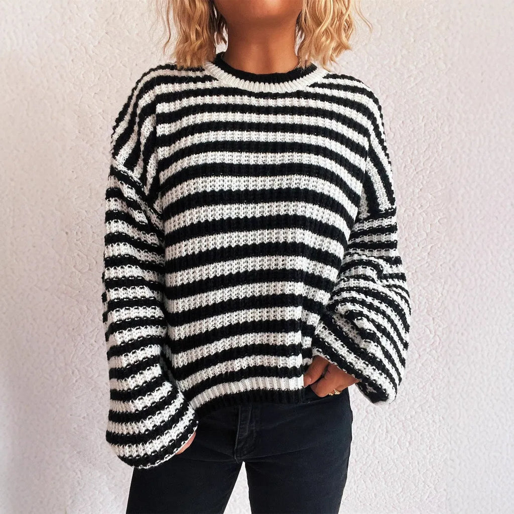 Women's vintage stripe loose pullover sweater in black, red, khaki, or green.