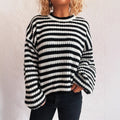 Women's vintage stripe loose pullover sweater in black, red, khaki, or green.