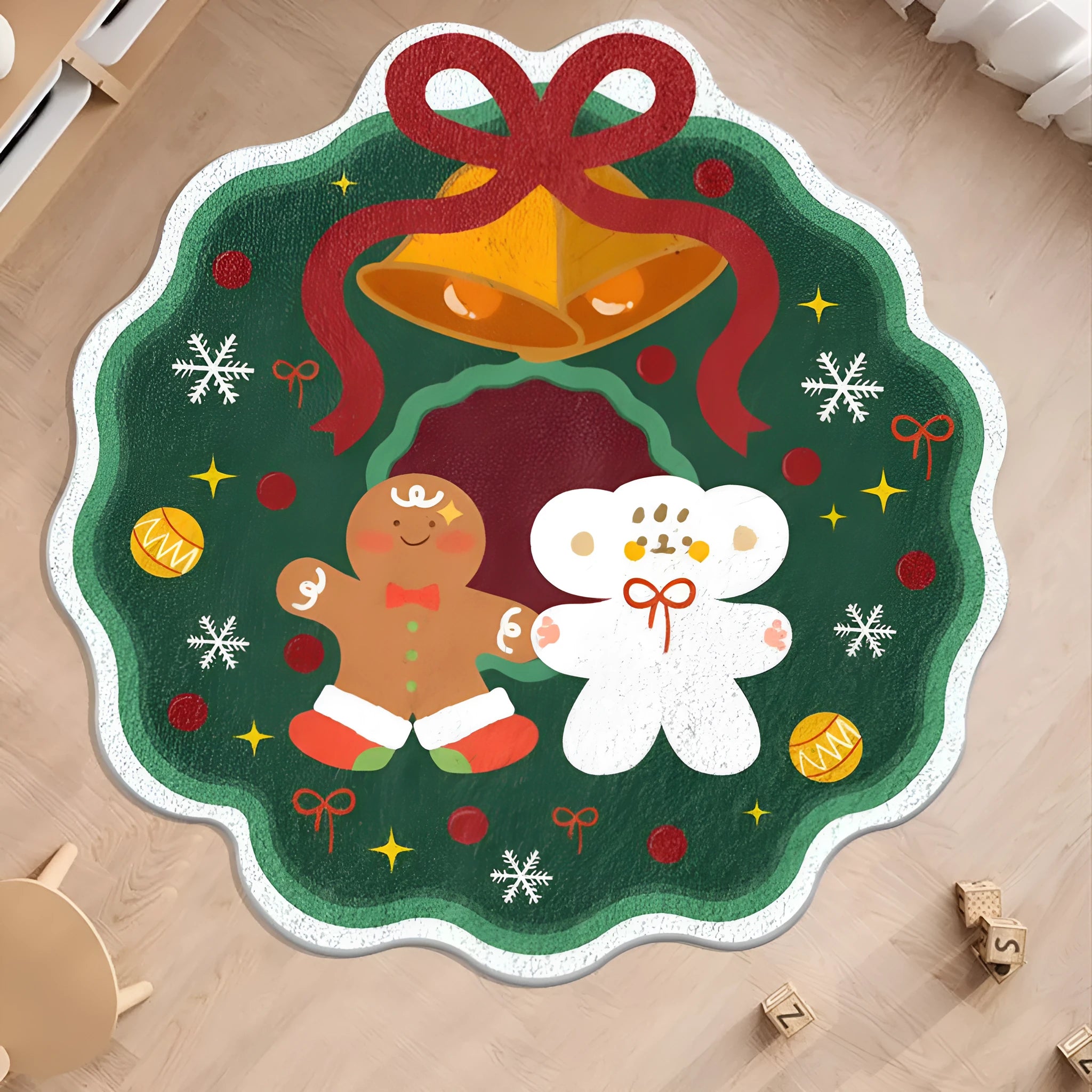 Round Christmas carpet with imitation cashmere fabric showing festive prints of gingerbread man and Christmas stockings