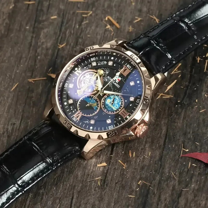 Black and rose gold automatic mechanical watch with hollow dial showing movement through openings
