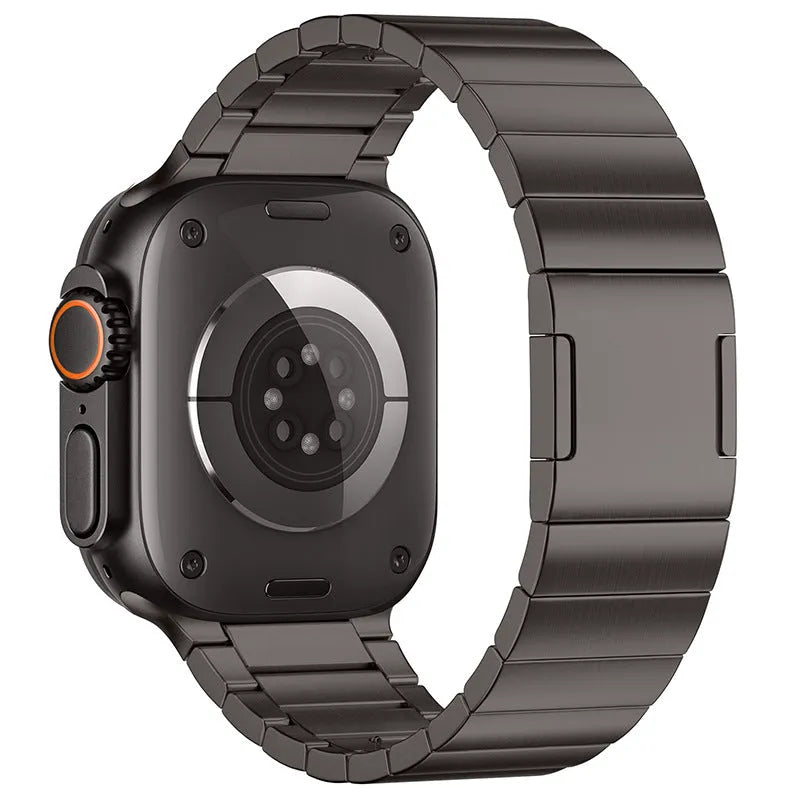 Stainless steel magnetic buckle watch strap for Apple Watch in silver colour.