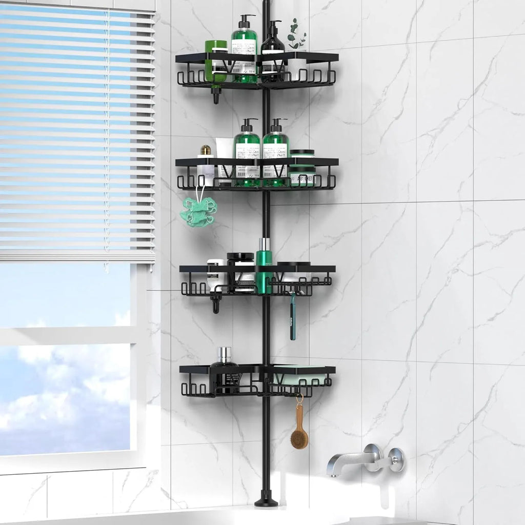 Hole-free retractable stainless steel bathroom storage rack with four tiers