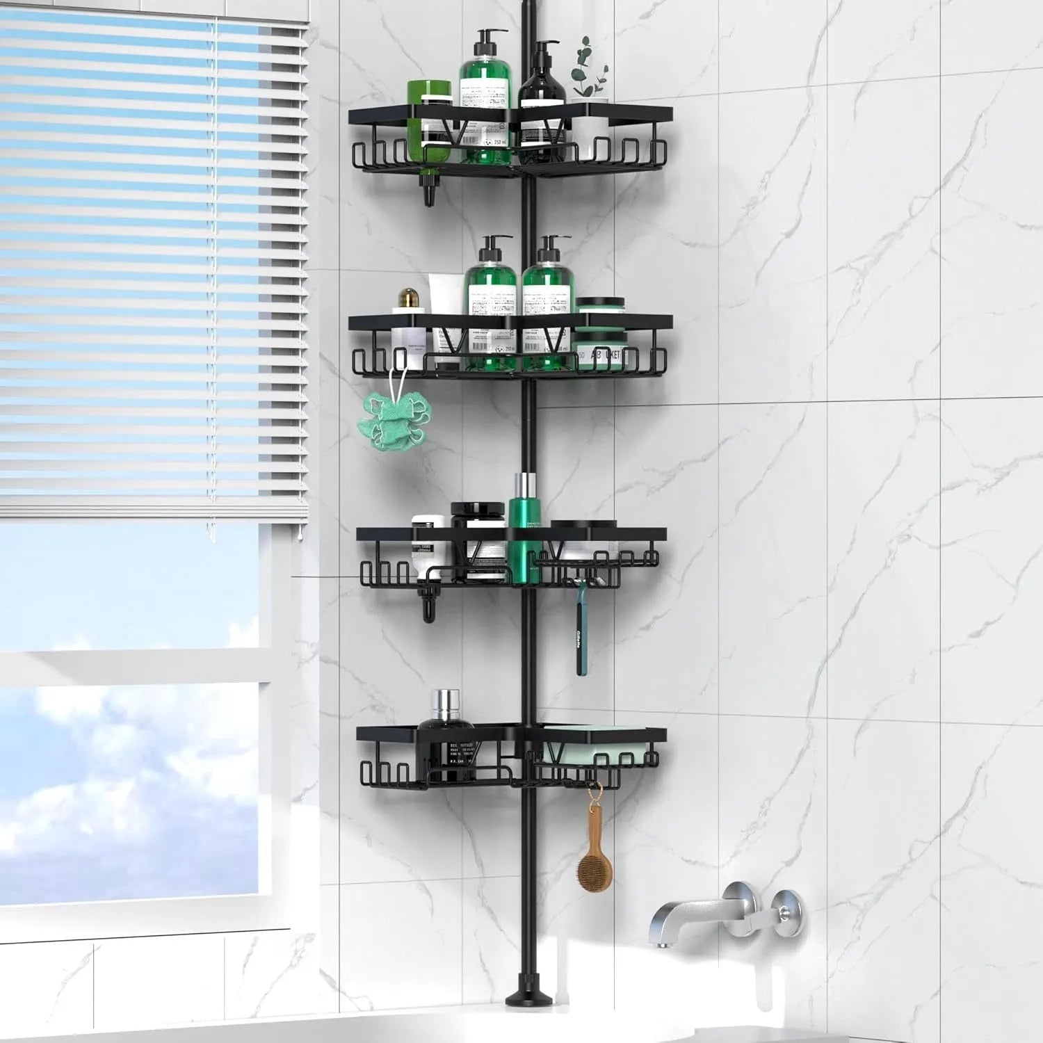 Hole-free retractable stainless steel bathroom storage rack with four tiers